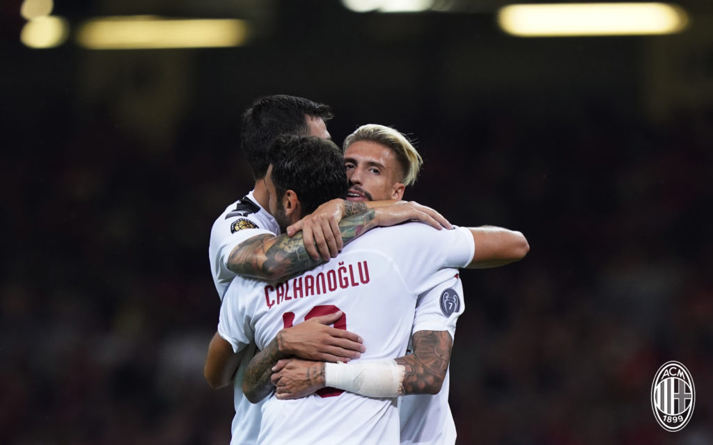 Castillejo festeggia il gol al Principality Stadium contro il Manchester United. Fonte: acmilan.com