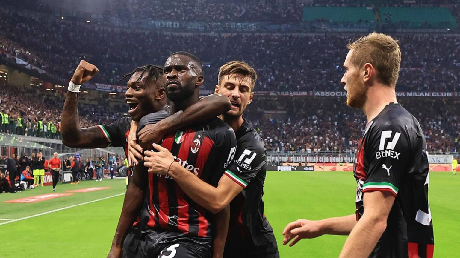 Milan, rossoneri a caccia della nona sinfonia a San Siro. Le ultime: Tonali out Esultanza Milan Leao Tomori Gabbia Pobega