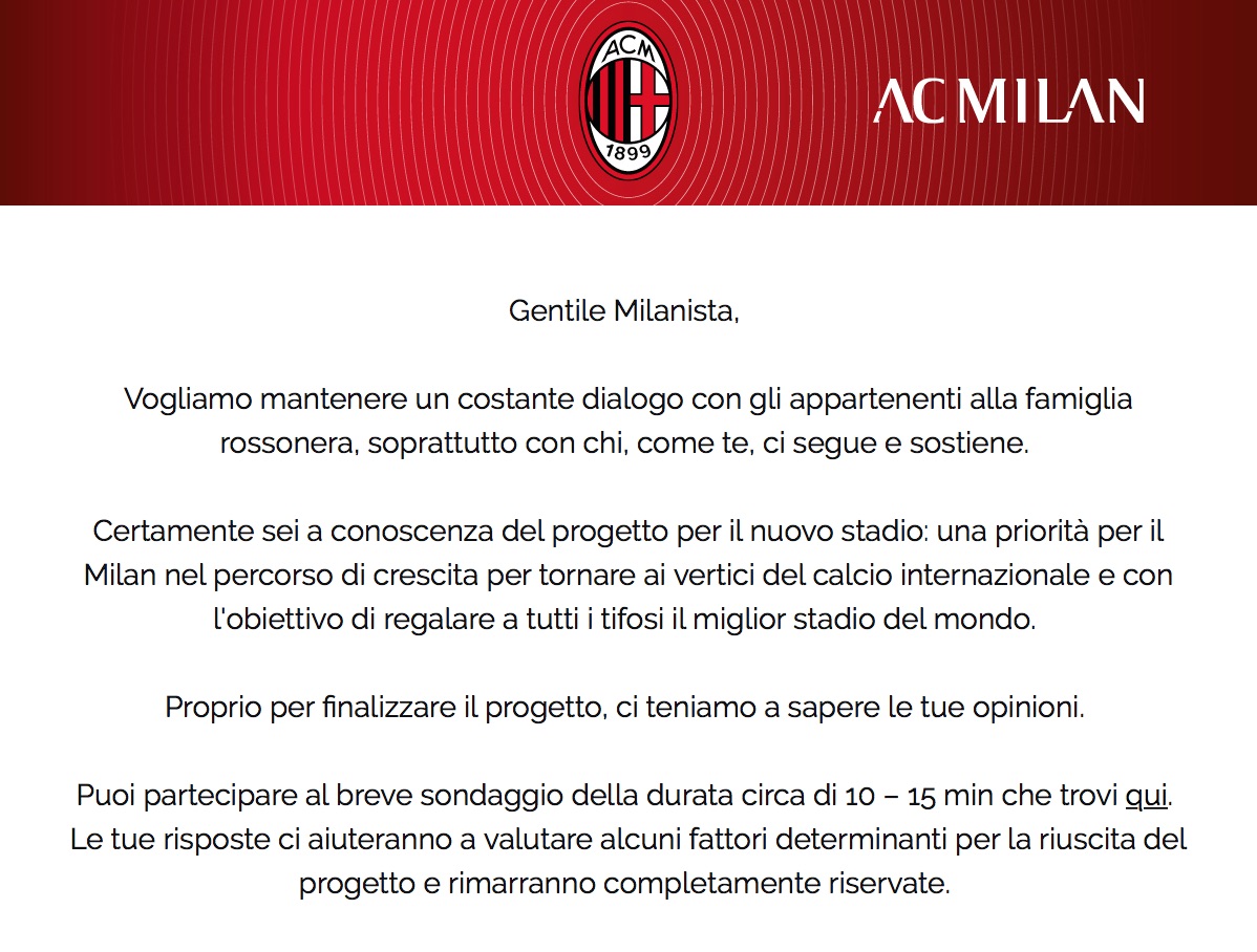Il messaggio inviato dal Milan agli iscritti al sito