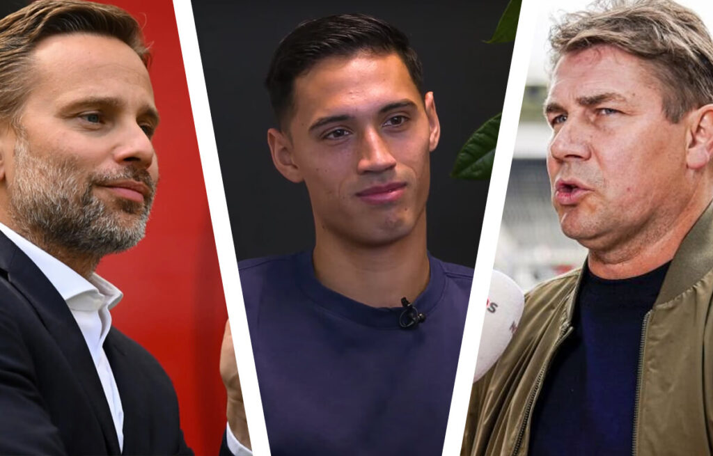 L'ad del Milan Giorgio Furlani, Tijjani Reijnders e il direttore tecnico dell'AZ Alkmaar Max Huiberts.