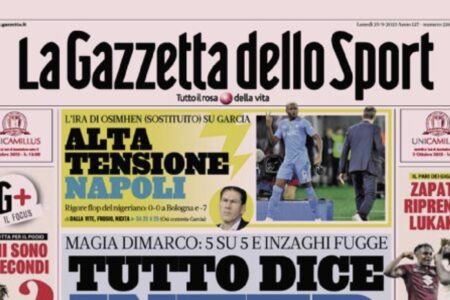 Prima pagina della Gazzetta dello Sport di lunedì 25 settembre 2023