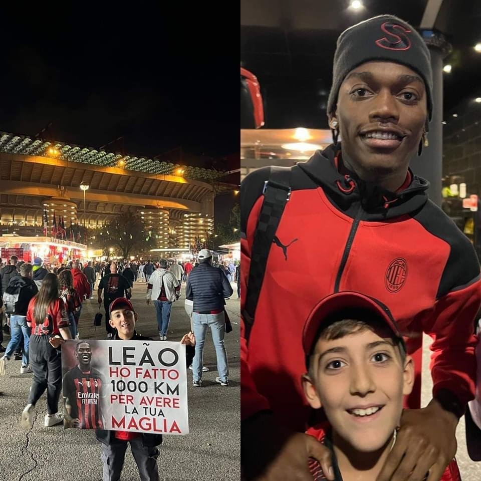 Rafa Leao in posa con un giovane tifoso del Milan