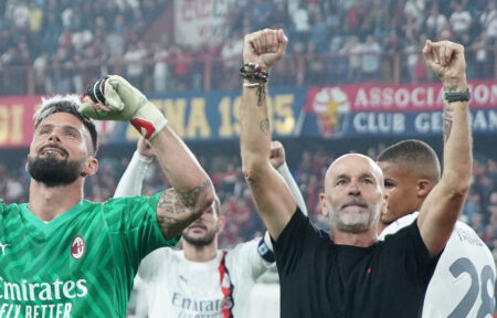 Giroud e Pioli festeggiano la vittoria a Genoa