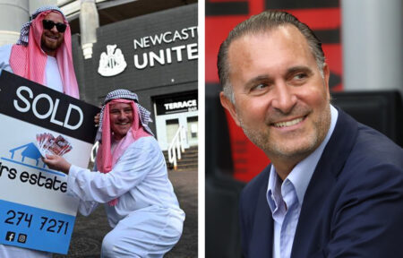Il Milan americano batte e fa meglio del Newcastle saudita Tifosi Newcastle abiti sauditi e Gerry Cardinale proprietario Milan
