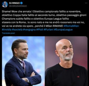 Milan, Dj Ringo si sfoga: vergogna, via Stefano Pioli e Giorgio Furlani