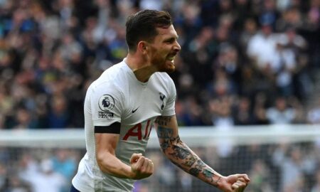 milan, hojbjerg esulta con la maglia bianca del tottenham